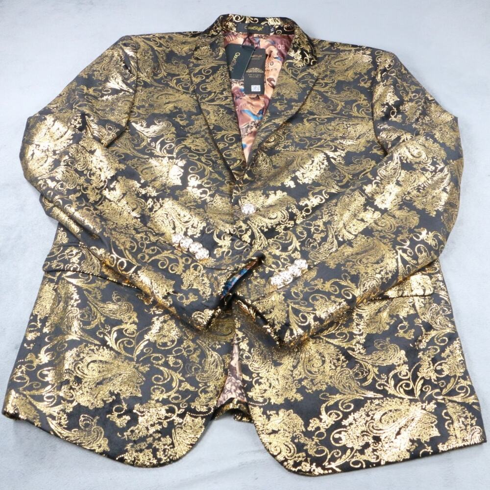CloudStyle Mens XL Gold Floral Tuxedo Blazer Black Baroque Paisley Party Jacket